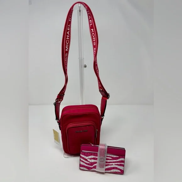 Michael Kors NWT Raspberry Nylon Crossbody and Greenwich Pink Zebra Wallet Set - Picture 2 of 11